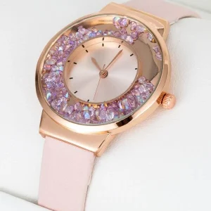 Rhinestone Decor Round Pointer Quartz Watch Holiday Pink