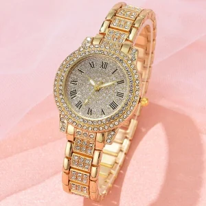 1pc Ladies Watch Rhinestone Decor Round Pointer Quartz Watch Holiday Gold Watch Gold