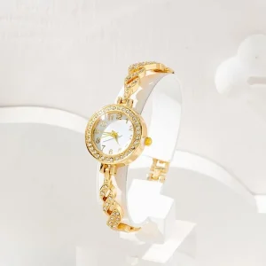 Rhinestone Decor Round Pointer Quartz Watch Holiday Gold