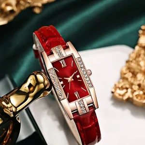 YILEIQI Rhinestone Decor Rectangle Pointer Quartz Watch Holiday Red