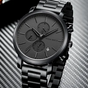 HANNAH MARTIN Hannah Martin Men's Multi-function Business Watch, Sports Style All Black Stainless Steel Casual Fashion Timepiece Black