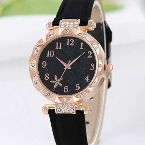 1pc Black PU Polyurethane Strap Glamorous Rhinestone Decor Round Dial Quartz Watch, For Daily Life Holiday As A Gift For Students Returning To School Black