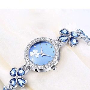 Women's Watch Clover Charm Quartz Bracelet Watch Luxury Rhinestone Analog Stainless Steel Wrist Watch Holiday Blue