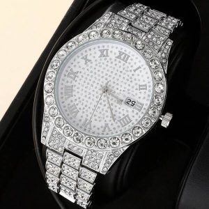 Men Rhinestone Decor Round Pointer Quartz Watch Holiday As A Gift For Students Returning To School Silver