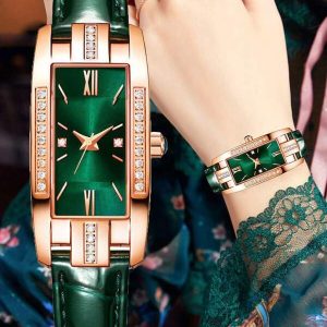 1pc Quartz Small Watch With Square Roman Numerals Dial Vintage Dress Watch Rhinestone Wristwatch Holiday Green