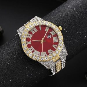 Men Rhinestone Decor Round Pointer Date Quartz Watch Red