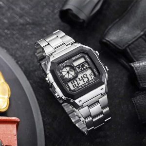 Men's Sports Digital Watch, Casual Stainless Steel Strap, Led Illuminated Movement, 2pcs/set Silver