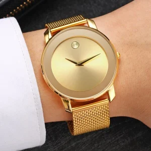 Fashionable Simple Watch With Mesh Strap, Classic Waterproof Gold Round Dial Men's Wristwatch Father Gold