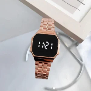 1pc Fashionable & Unique Style Women's Touch Screen Led Sport Waterproof Electronic Watch With Square Metal Strap, Suitable For Daily Wear Rose Gold