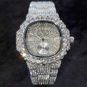 Luxury Men's Platinum Classic Design Full Rhinestone Square Pointer Dual Dial Waterproof Hip Hop Quartz Watch, Men's Iced Out Watch Holiday Silver