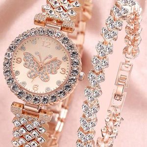 2pcs/Set Women's Rose Gold Stainless Steel Rhinestone Decorated Butterfly & Round Shaped Dial Quartz Watch And Alloy Bracelet, Suitable For Daily Wear Holiday Rose Gold