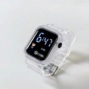 1pc Led Square Minimalist Transparent Strap Cute Watch, Suitable For Men And Women, Daily Wear Multicolor