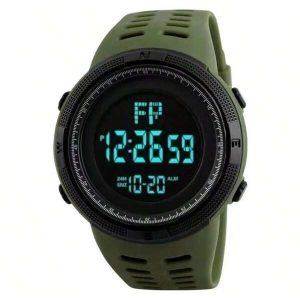 1pc Green Round Shape Sports Night Light Alarm Clock Multifunctional Digital Watch For Men And Students Army Green