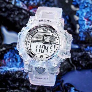 1pc LED Big Dial Transparent Silicone Strap Men's Multifunction Outdoor Sport Trendy Night Light Electronic Watch Suitable For Daily Wear White