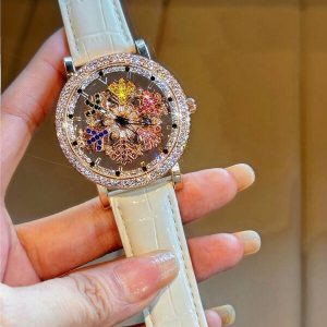 1pc Upgraded Dazzling And Luxurious Quartz Women's Watch With Colorful Rhinestones, Rotating Snowflake Dial, Stainless Steel Casing, Durable Leather Strap & Waterproof Design, Perfect Gift For Women On Dates Or For Daily Wear White