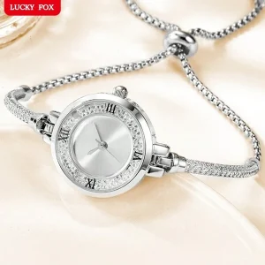 Luckyfox Quartz Watch For Women, Featuring Dry Battery, Fashionable And Elegant Design, Embedded Rhinestones, Luxurious Round Dial, Slim Chain Bracelet, Suitable For Daily Wear And As A Gift For Mother's Day. As A Gift For Students Returning To School Silver