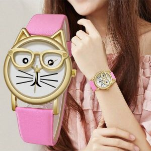 1pc Ladies Cute Cat Eye Shaped Case Leather Band Quartz Wrist Watch Pink