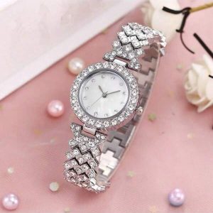 Women Silver Stainless Steel Strap Glamorous Rhinestone Decor Round Dial Quartz Watch, For Daily Decoration Silver