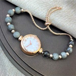 1pc Women's Grey Bead Pull-String Alloy Rose Gold Casing, Elegant Mother-Of-Pearl Dial Quartz Watch, Suitable For Formal Events Grey