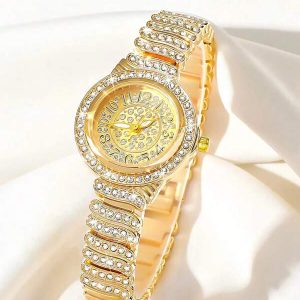 1pc Golden Elegant Luxury Rhinestone Decorated Wavy Strap Fashion Watch, Suitable For Birthday Party, Evening Party Gold