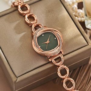 1pc Women's Fashionable Elegant Crystal Decorated Small Dial Steel Band Rose Gold Quartz Wristwatch, Suitable For Daily Wear, Birthday/Anniversary Gift Rose Gold