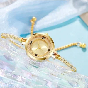 Luxurious Women's Quartz Watch With Shiny Beads, Crystal Rhinestones, Slim Strap, Adjustable Bracelet, Casual Style Gold