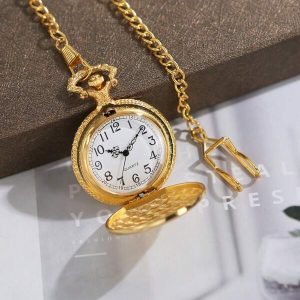 1pc Vintage Flip Cover Exquisite Carved Gold Pocket Watch, Memorial Classic Quartz Numerical Locomotive Watch Gold